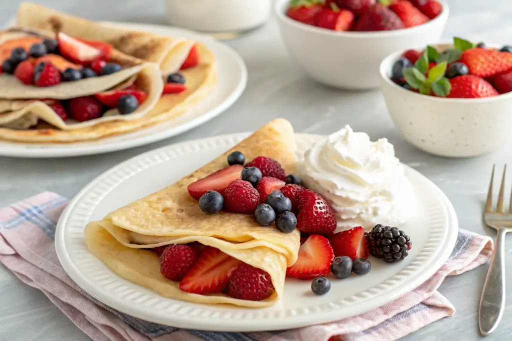 Breakfast crepe recipe with fresh berries and whipped cream