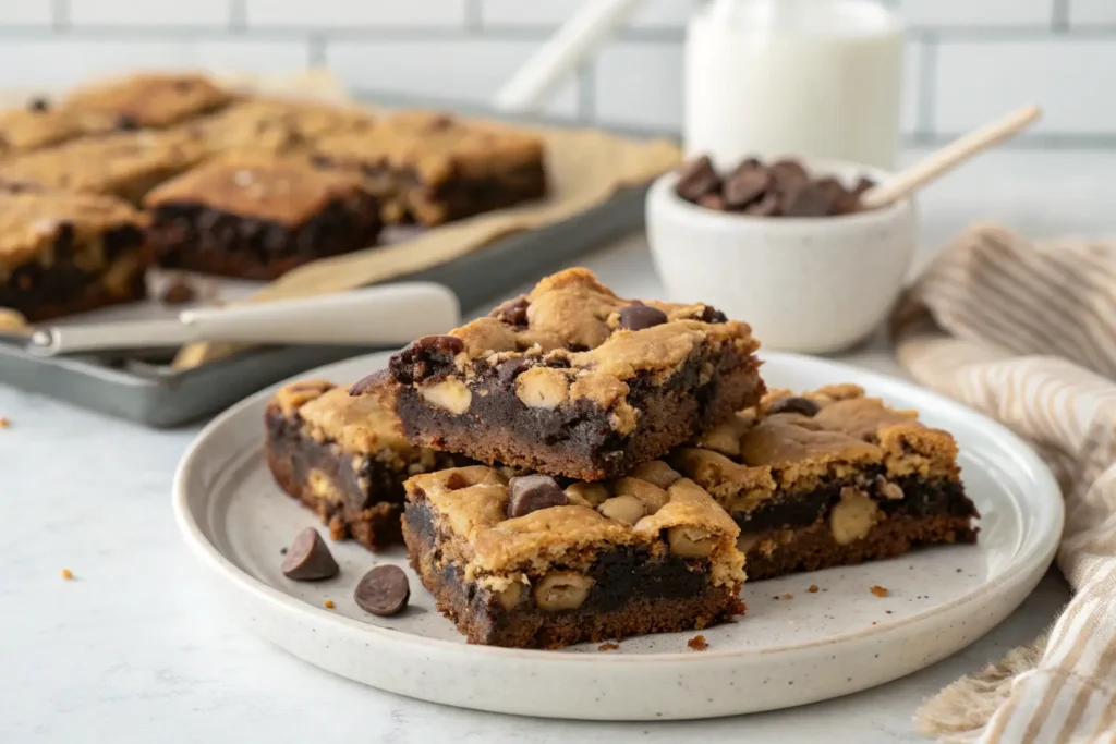 Brookie recipe featuring rich, fudgy brownie and soft chocolate chip cookie layers baked into delicious bars.