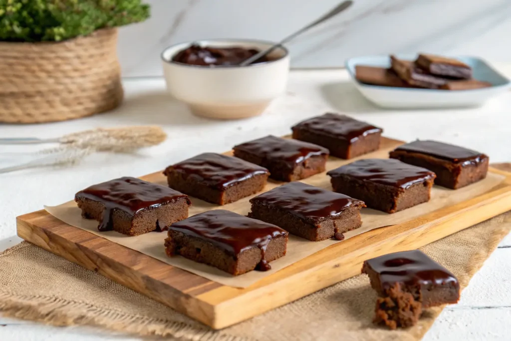 Brownies with glossy chocolate icing on a wooden board, with one brownie piece partially bitten