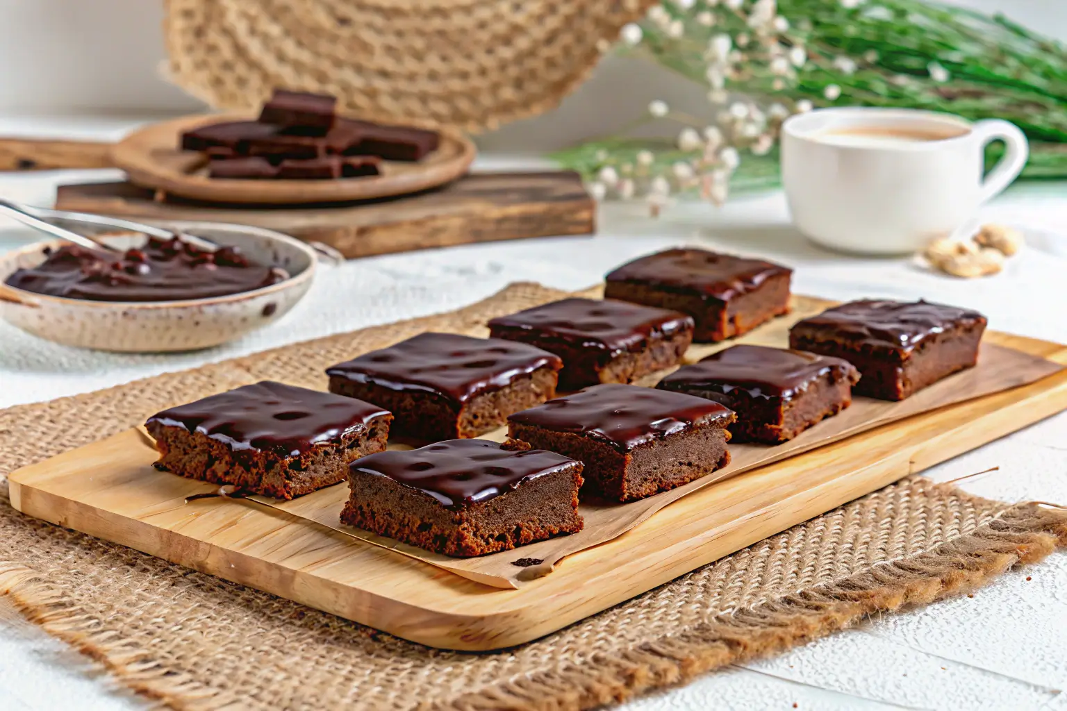 Brownies with glossy chocolate icing on a wooden serving board.