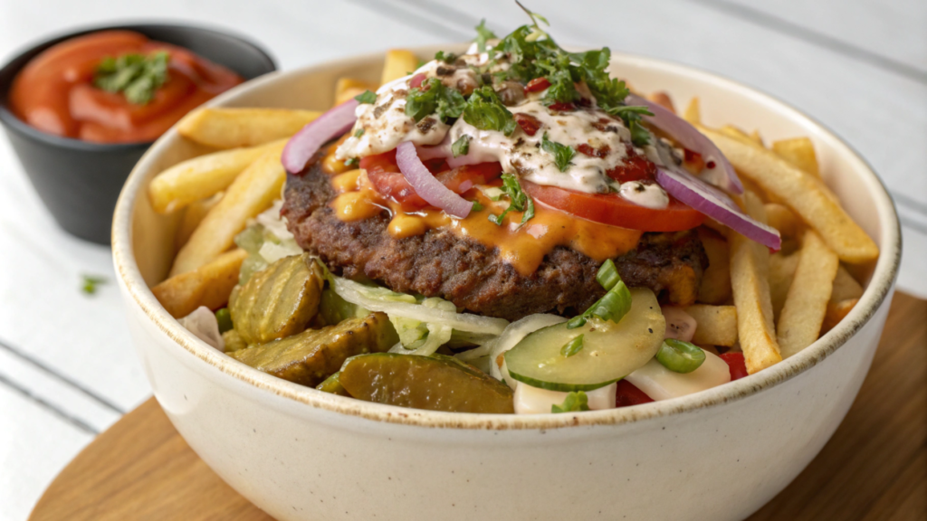 colorful burger bowl with a perfectly grilled patty, fresh greens, and vibrant toppings – a delicious burger bowl recipe.