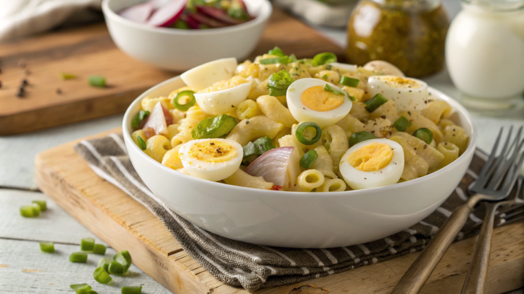 Delicious deviled egg pasta salad with colorful vegetables and creamy dressing.