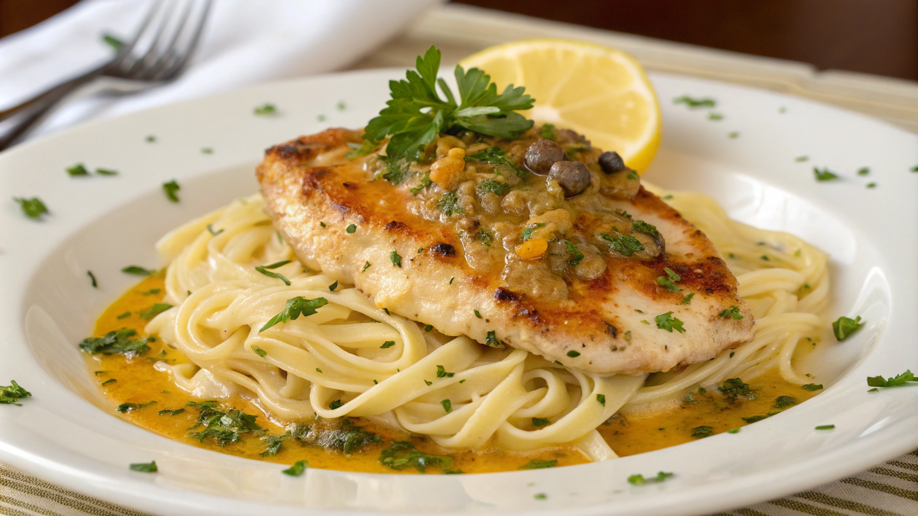 Delicious Chicken Piccata served with pasta and lemon slices