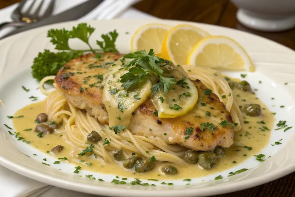 A plate of Cheesecake Factory Chicken Piccata featuring pan-seared chicken breast over pasta, topped with a lemon butter sauce, capers, and fresh parsley.