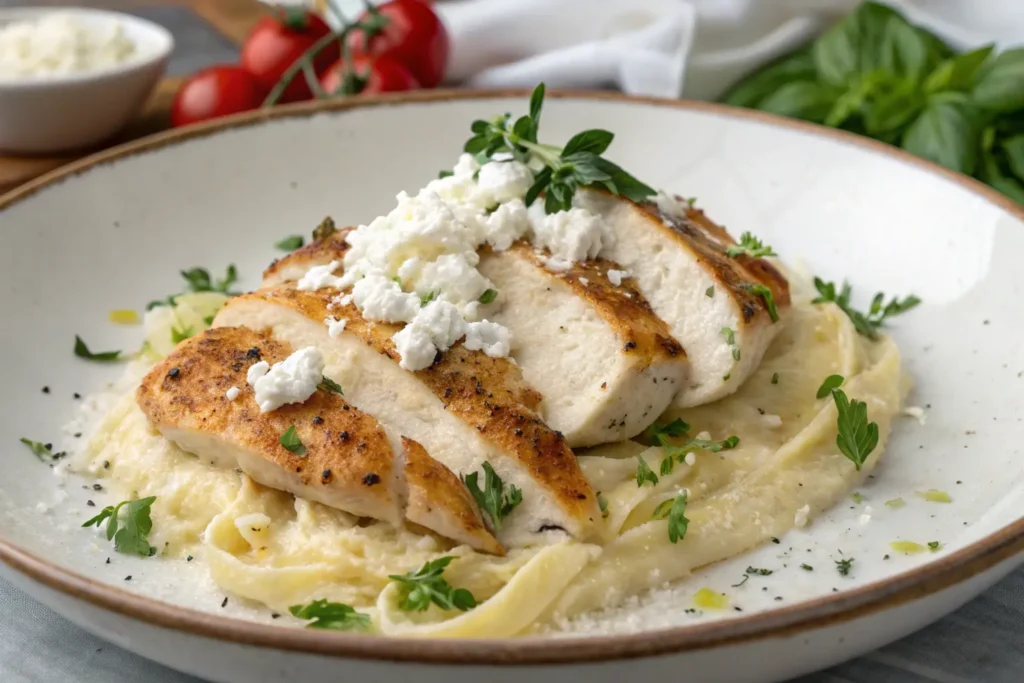 Grilled chicken with ricotta cheese served over a bed of creamy pasta, garnished with fresh herbs.