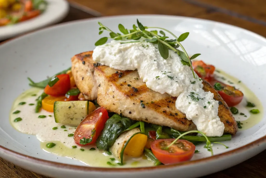 Chicken with ricotta sauce, garnished with herbs, served with roasted vegetables and mashed potatoes.