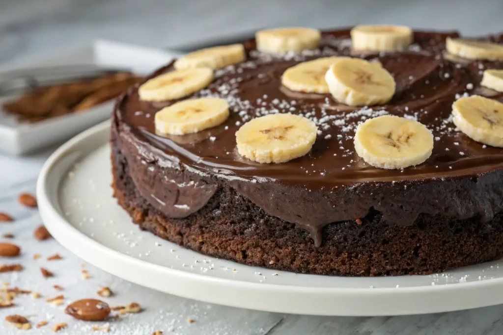 Delicious chocolate banana cake recipe topped with chocolate ganache and fresh banana slices.