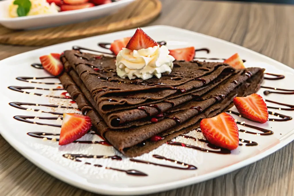 A plate of chocolate crepes topped with whipped cream and fresh strawberries, drizzled with chocolate syrup.