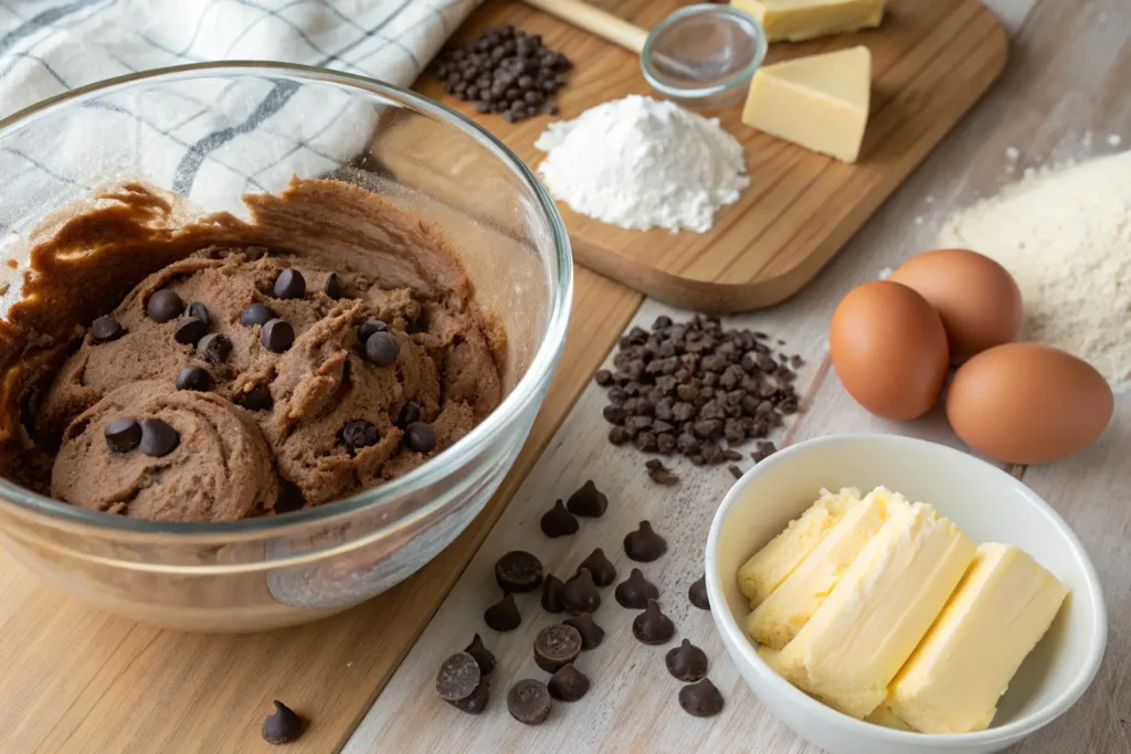 Chocolate bread preparation with a mixing bowl of dough, chocolate chips, butter, eggs, and flour, neatly arranged on a wooden countertop.