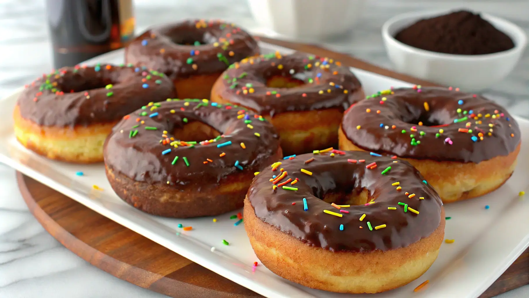 Fresh chocolate cake donuts with colorful sprinkles on a white plate.