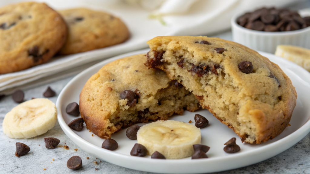Soft and chewy banana bread cookies, bursting with banana flavor and chocolate chips.