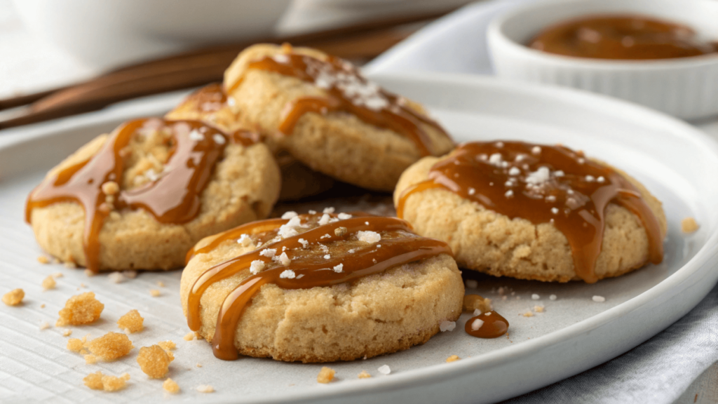 Close-up of salted caramel biscuits on a plate with caramel drizzle and a few crumbs scattered around.
