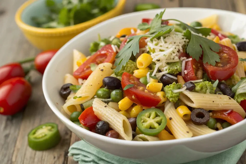Cowboy pasta salad recipe with fresh tomatoes, corn, black beans, and green veggies, topped with cilantro and shredded cheese.