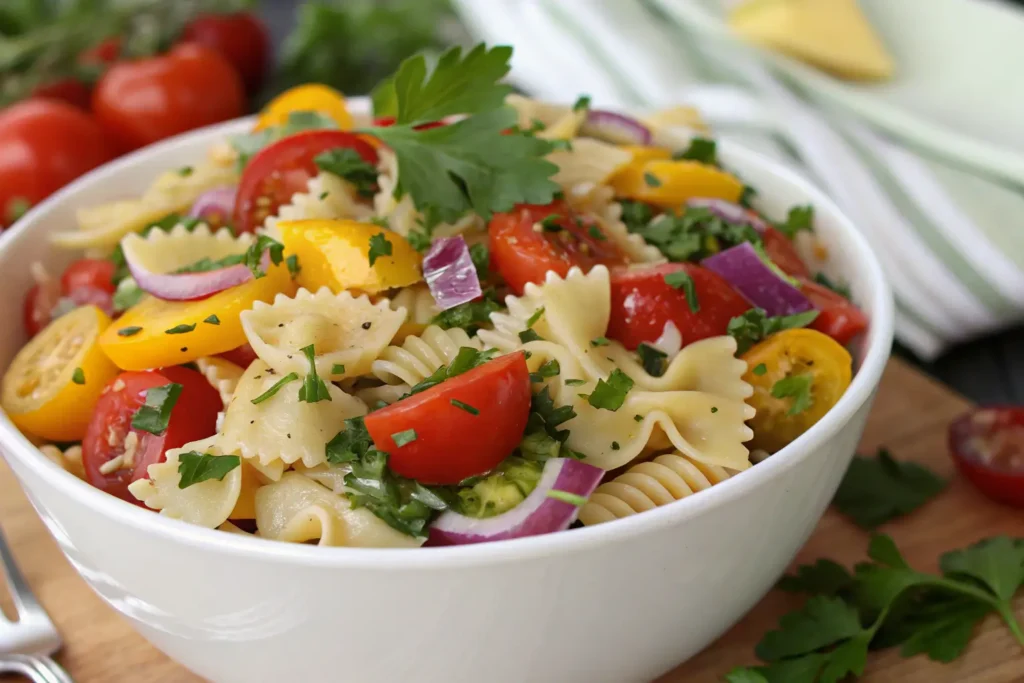 Cowboy pasta salad recipe with colorful tomatoes, pasta, onions, and fresh cilantro, served in a white bowl.