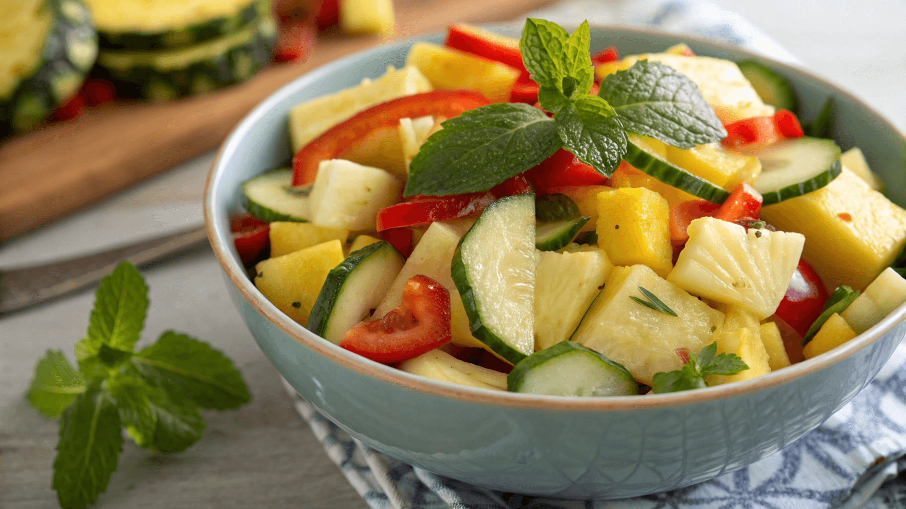 Colorful pineapple salad with fresh pineapple, cucumber, red bell peppers, and mint leaves.