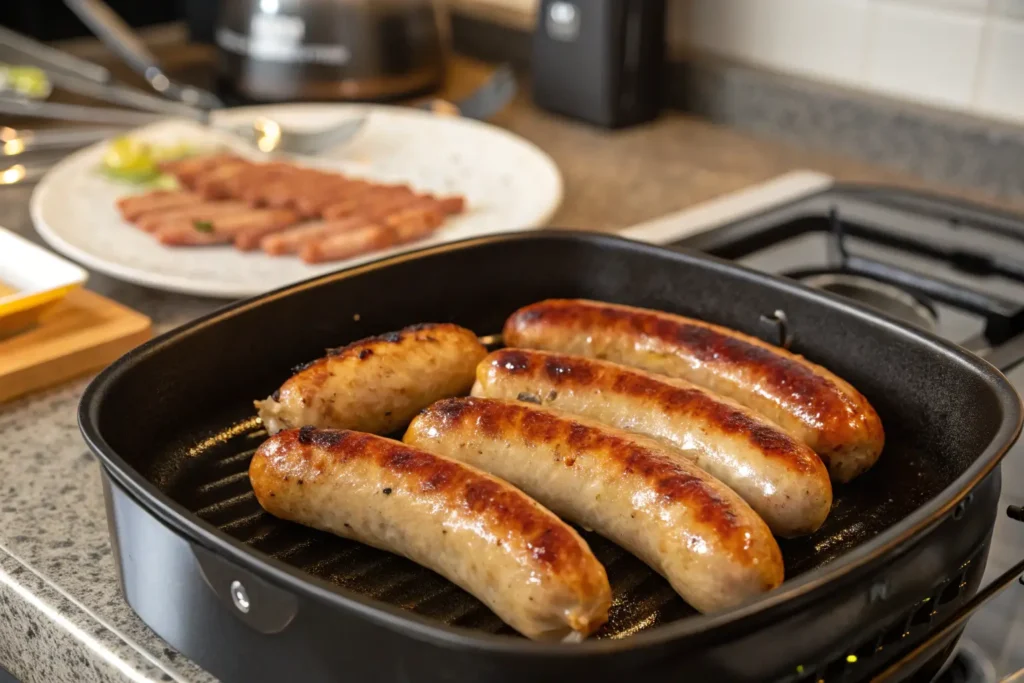 Step by step to make Italian chicken sausage recipe, featuring sausages grilling in a pan on a stovetop.
