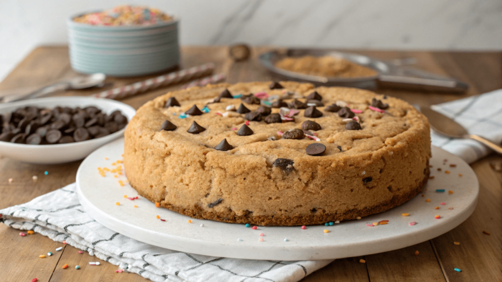 Cookie mix cake decorated with chocolate chips and colorful sprinkles on a cake stand.