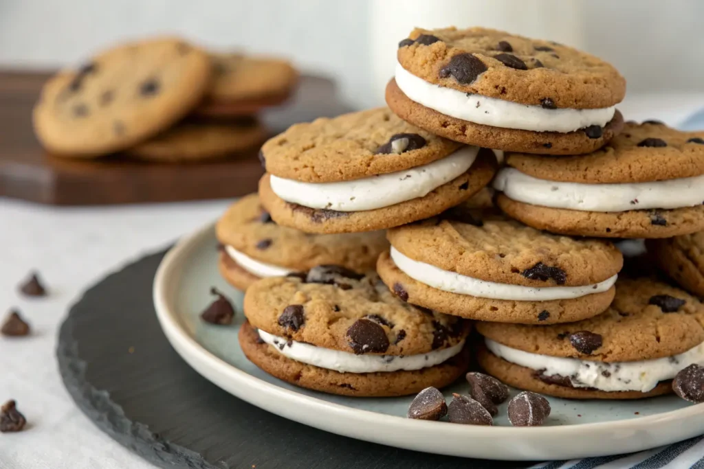 Chocolate chip cookies filled with cream and stacked on a plate.