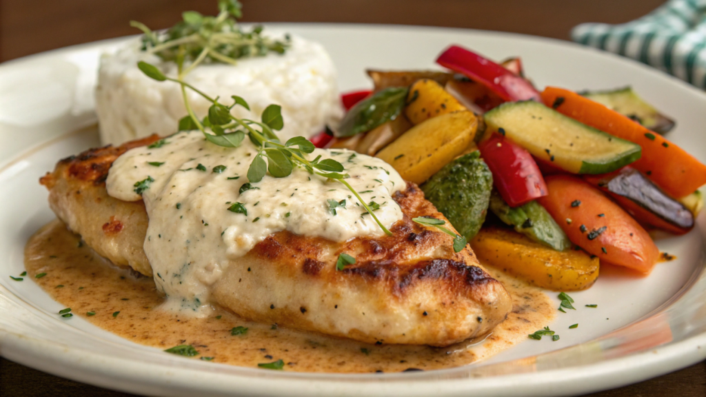 Chicken with ricotta sauce, garnished with herbs, served with roasted vegetables and mashed potatoes.