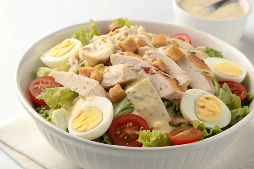 A creamy chicken and egg salad with sliced grilled chicken, hard-boiled eggs, cherry tomatoes, croutons, and lettuce, topped with dressing.