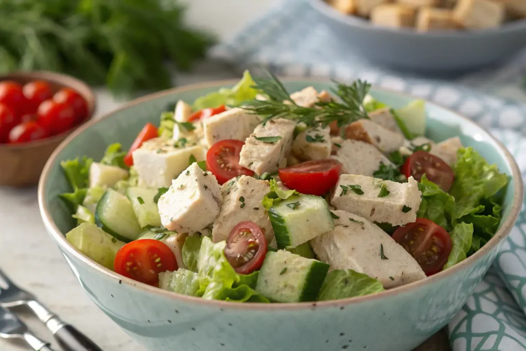 Serve Chicken Salad Chick recipe as a fresh salad with diced chicken, cherry tomatoes, cucumbers, and crisp lettuce.