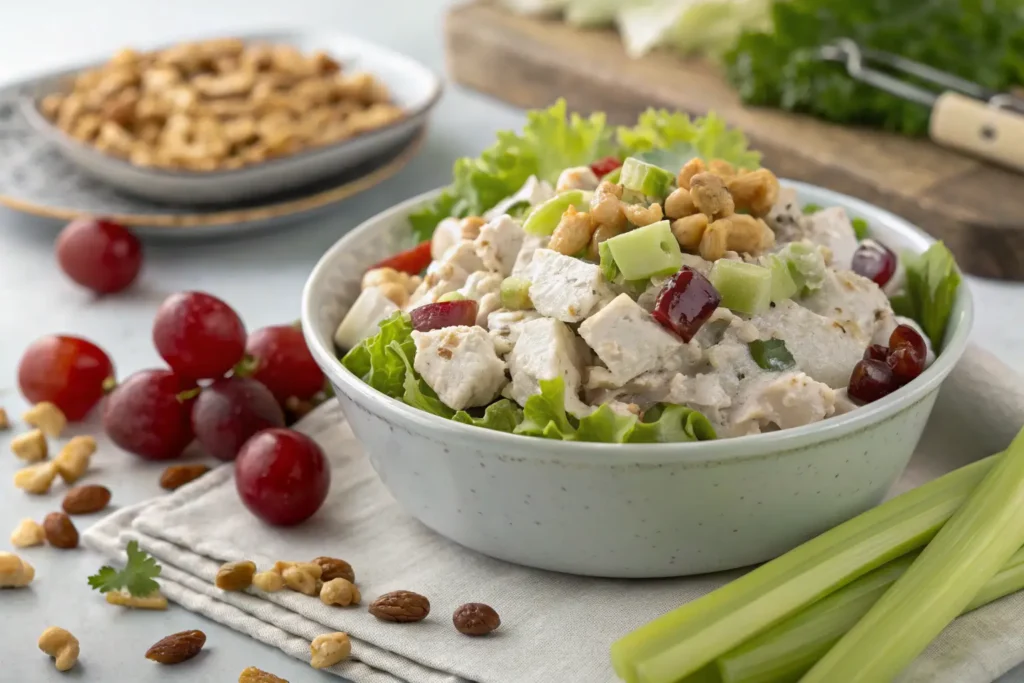 Chicken Salad Chick recipe featuring creamy chicken salad with grapes, celery, and nuts, served on fresh lettuce.