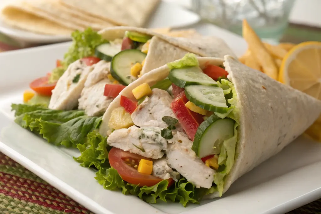 Serve Chicken Salad Chick recipe in a fresh tortilla wrap with lettuce, cucumbers, tomatoes, and cheese.