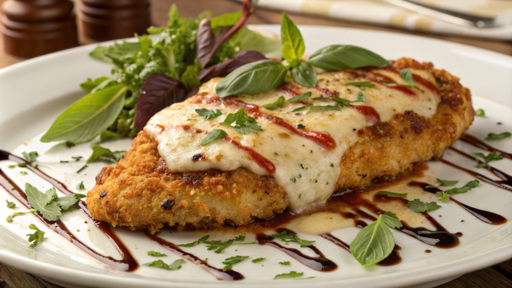 Crispy chicken parmesan with melted mozzarella and fresh basil