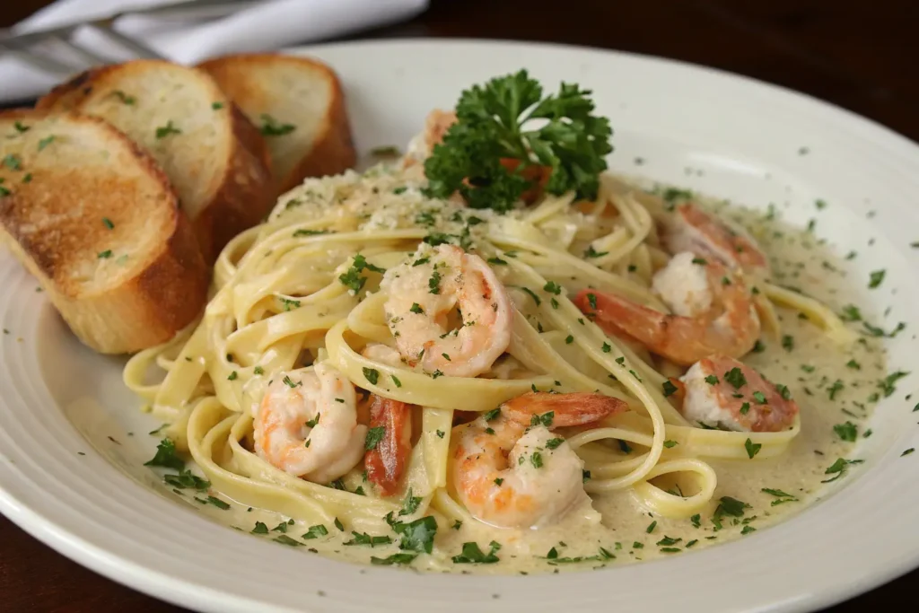 A plate of creamy shrimp scampi pasta with shrimp, linguine, fresh parsley, and garlic bread on the side.