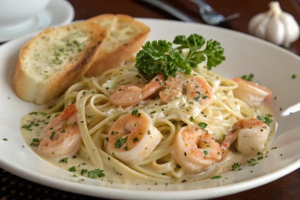 A plate of creamy shrimp scampi with linguine, shrimp, parsley, and garlic bread on the side.