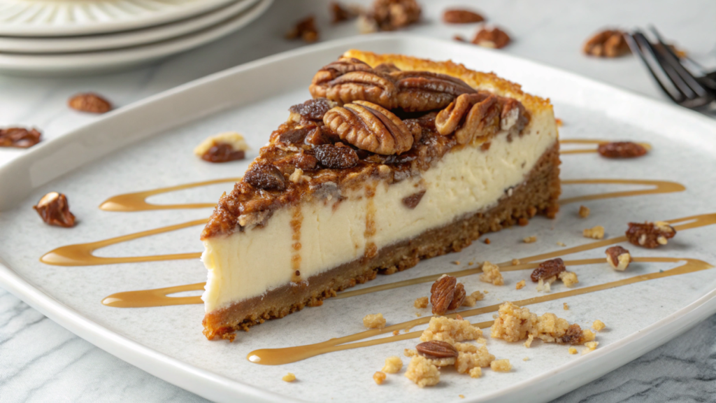 Slice of pecan pie cheesecake showcasing creamy filling and pecan topping