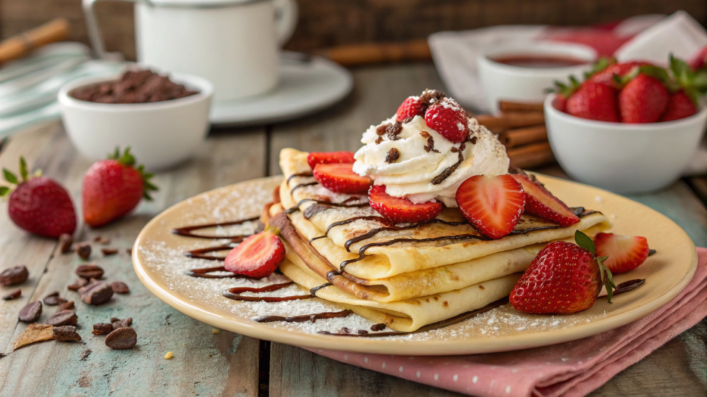 Delicious dessert crepes with fresh strawberries, whipped cream, and chocolate sauce