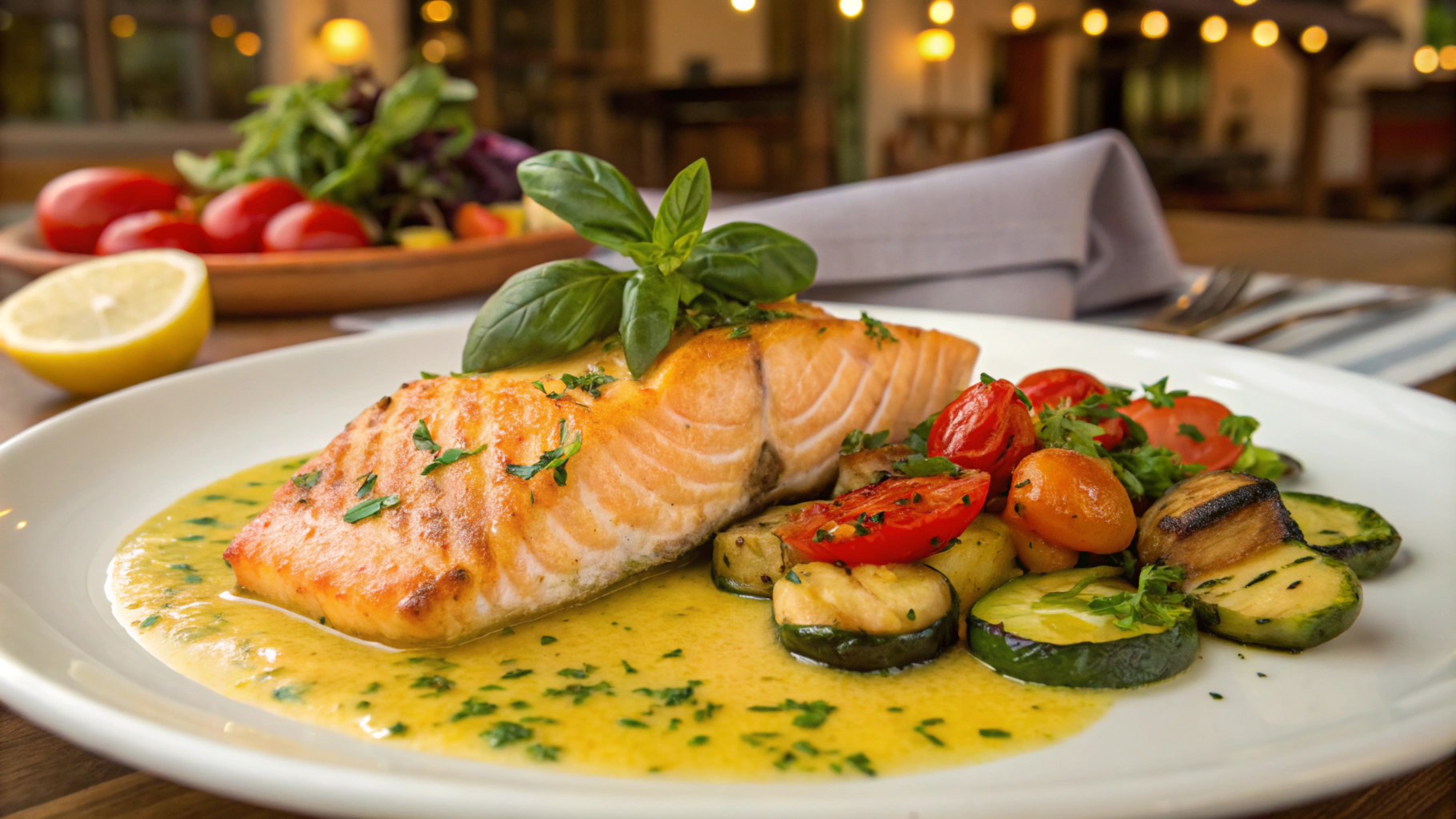 Italian salmon dish garnished with fresh herbs and lemon sauce.