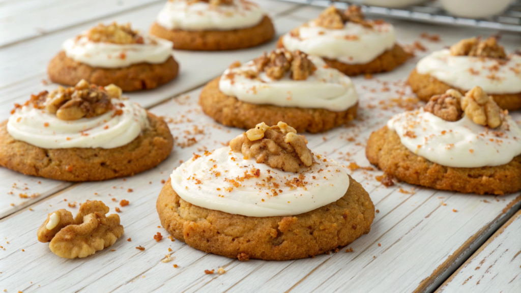 Freshly baked carrot cake cookies topped with cream cheese frosting and walnuts.