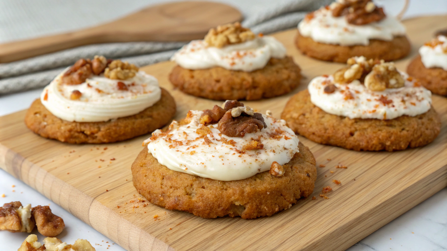 Freshly baked carrot cake cookies topped with cream cheese frosting and walnuts.