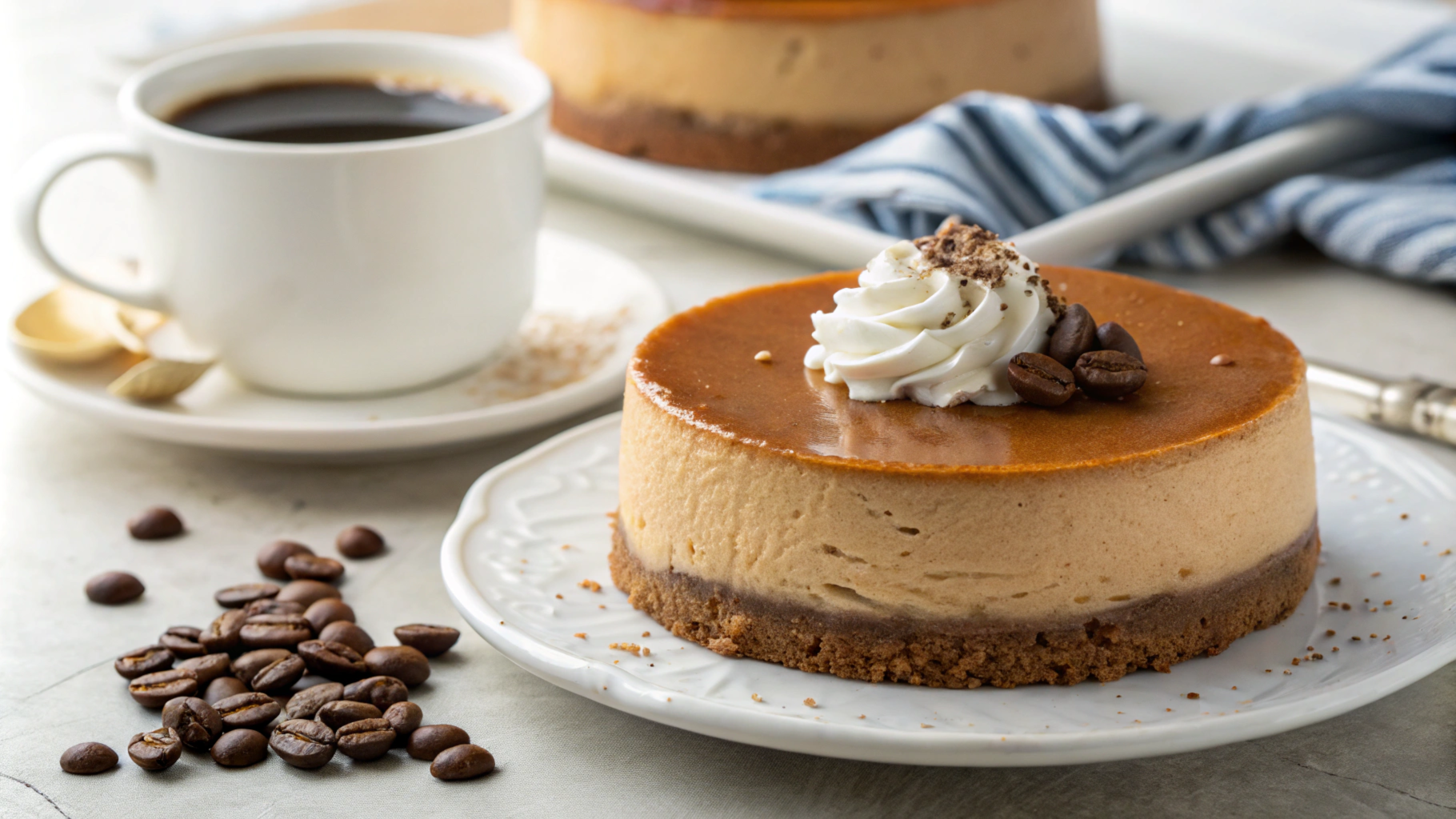 Delicious coffee cheesecake topped with whipped cream and coffee beans, perfect for dessert lovers.