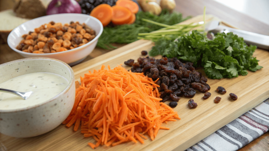 Freshly grated carrots, raisins, and cilantro with a bowl of creamy dressing, ready for a carrot and raisin salad recipe