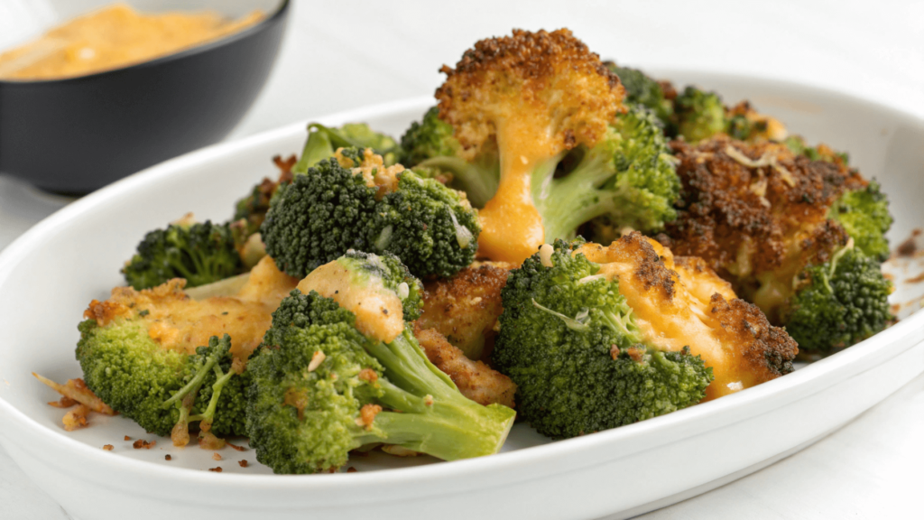 A close-up of broccoli with melted cheese, freshly cooked in an air fryer, served on a white plate with a clean, bright background.