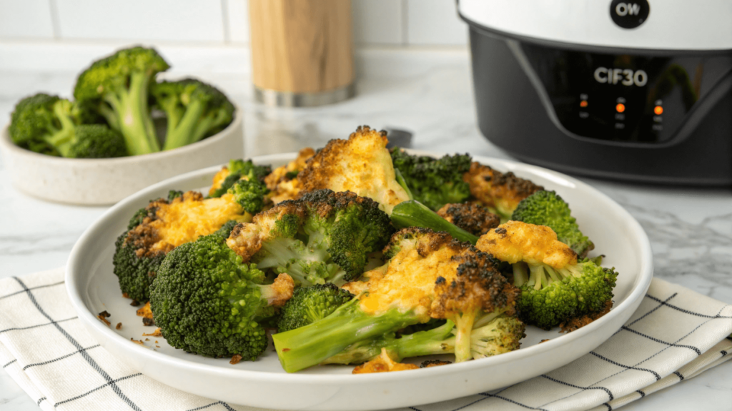A close-up of crispy broccoli with melted cheese, freshly cooked in an air fryer, served on a white plate with a clean kitchen background.