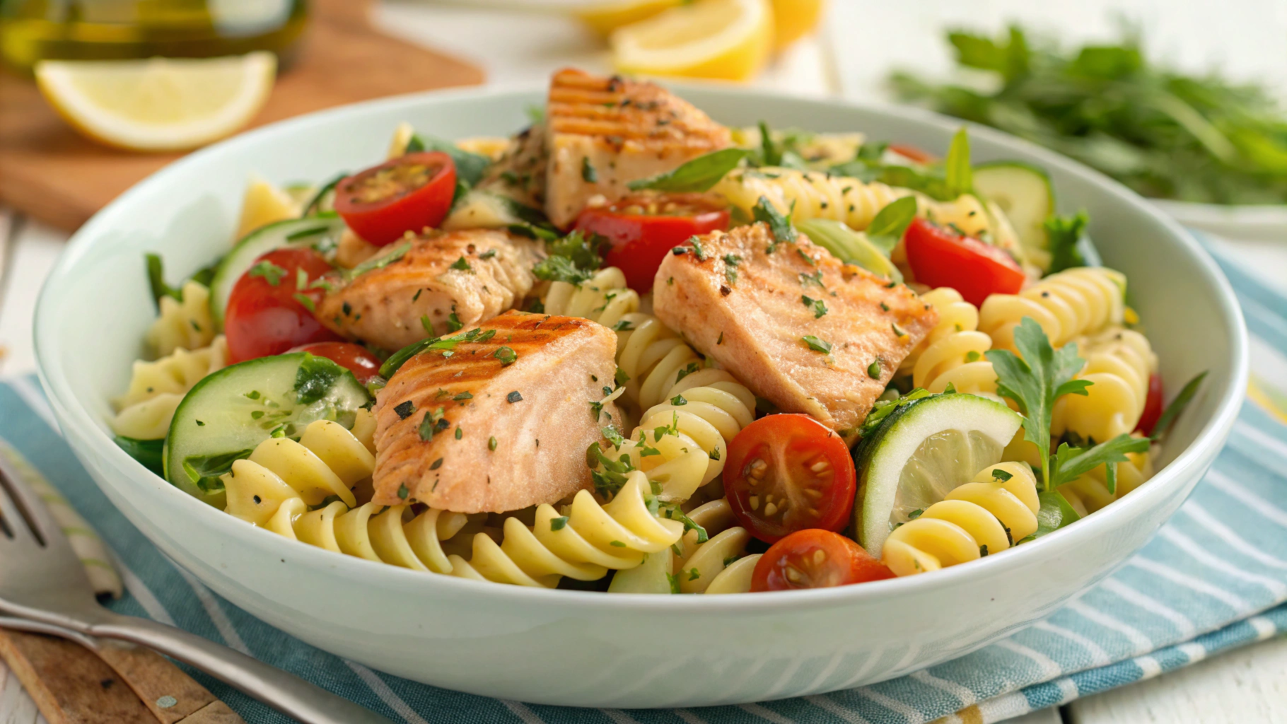 Delicious salmon pasta salad with grilled salmon pieces and bright vegetables