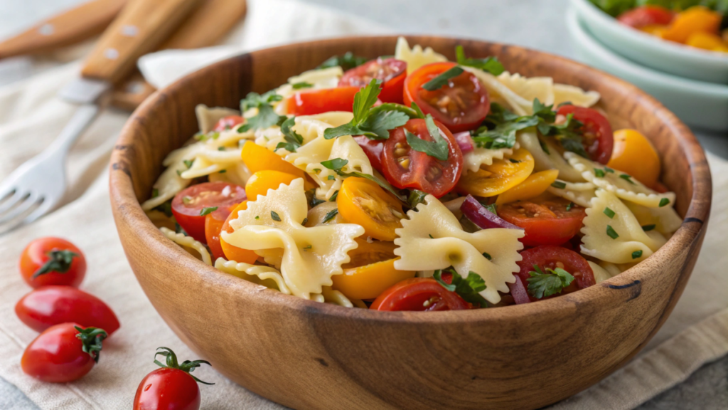 Colorful cowboy pasta salad recipe with fresh vegetables and herbs.