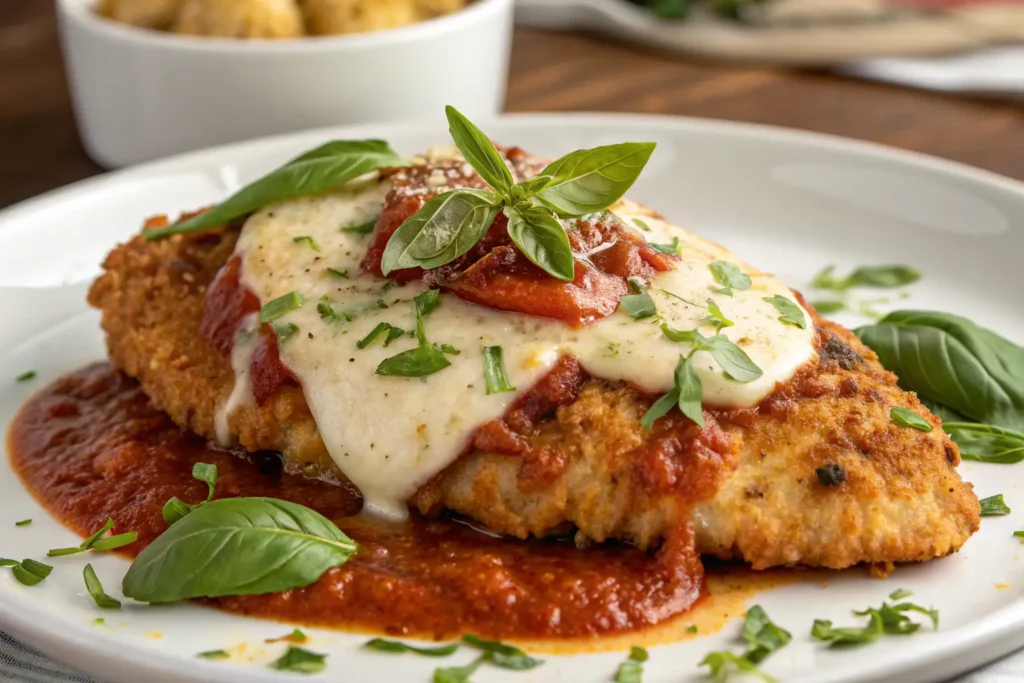 Crunchy chicken parmesan recipe featuring crispy breaded chicken topped with marinara sauce, melted mozzarella, and fresh basil.