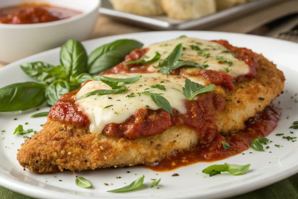 Crunchy chicken parmesan recipe with crispy breaded chicken topped with marinara sauce, melted mozzarella, and fresh basil.