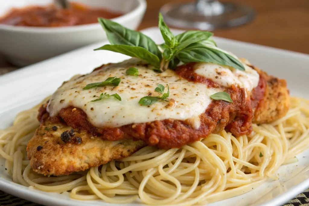 Crunchy chicken parmesan recipe featuring crispy breaded chicken topped with marinara sauce, melted mozzarella, and fresh basil, served over spaghetti.