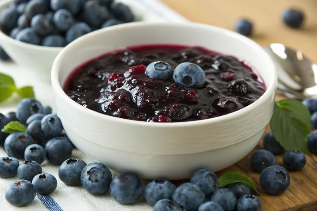 Fresh blueberry compote recipe served in a bowl, garnished with plump blueberries and mint leaves.
