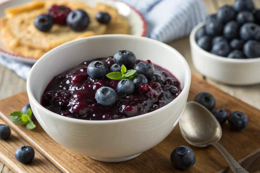 A delicious blueberry compote recipe served in a bowl, garnished with fresh mint leaves and plump blueberries.