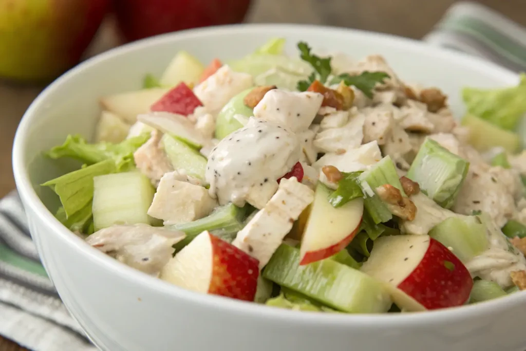 Chicken salad recipe with apples, featuring diced chicken, crisp celery, fresh apples, and walnuts in a creamy dressing.