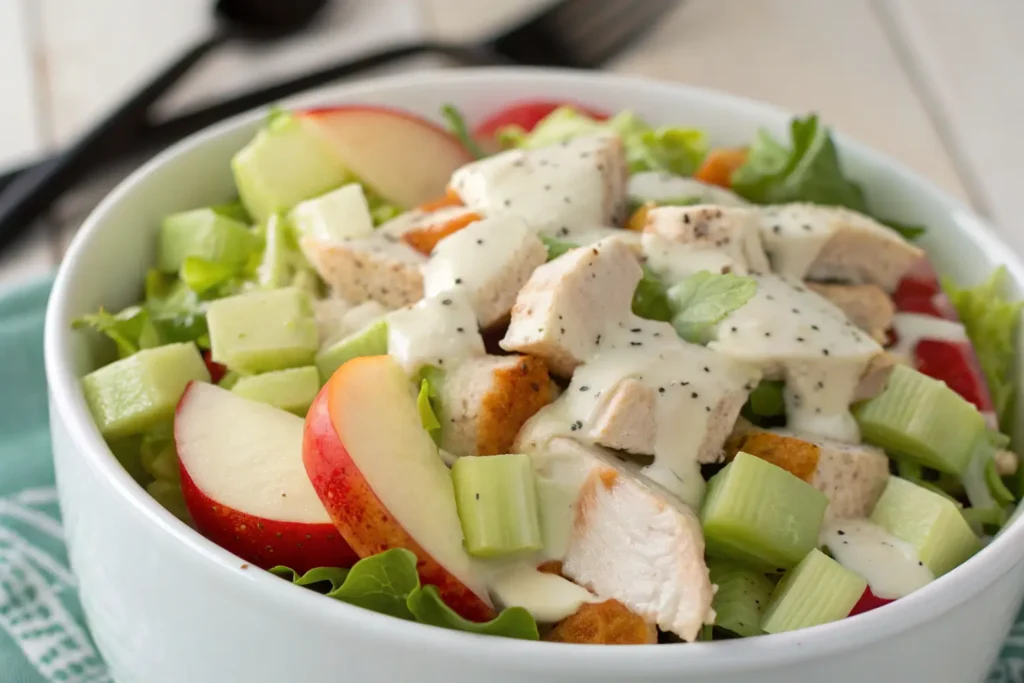 Chicken salad recipe with apples, featuring diced grilled chicken, fresh apple slices, celery, and creamy dressing on crisp lettuce.