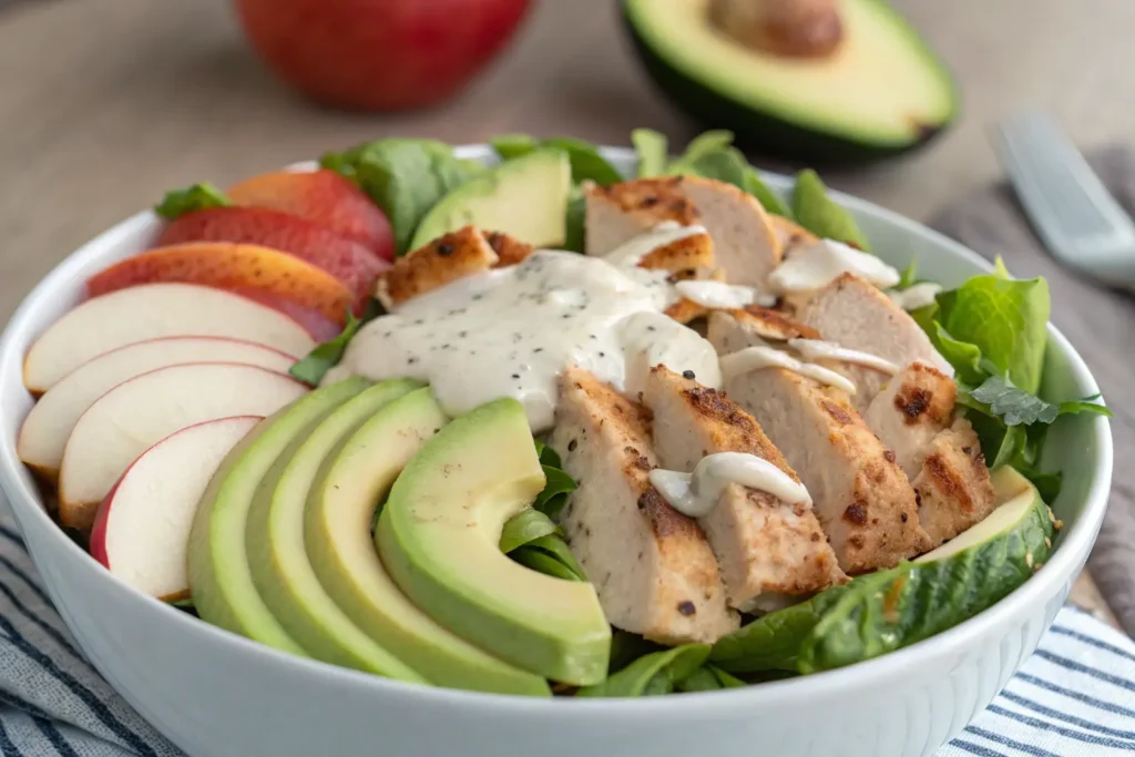 Chicken salad recipe with apples, featuring grilled chicken, fresh apple slices, creamy dressing, and avocado on a bed of greens.