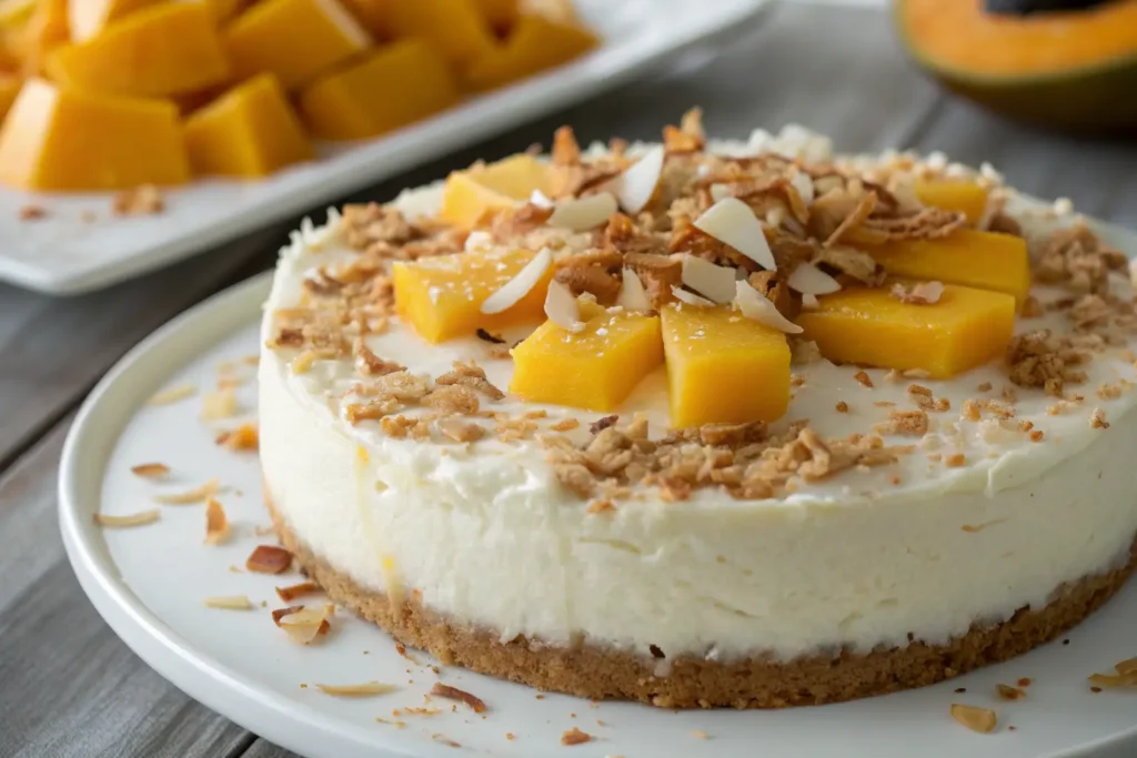 Delicious coconut cheesecake recipe topped with fresh mango, toasted coconut, and almond slices.